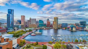Aerial view of downtown Baltimore and the Inner Harbor, the center of the Baltimore metro where Pothole Repair services commercial parking lots