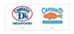 Captain D's Seafood logo showcasing two variations: the original design on the left and an updated version on the right, featuring a fish icon and vibrant colors.