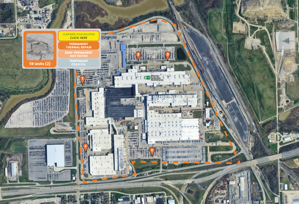 Map of an industrial site with marked pothole repair locations and service options, highlighting permanent, semi-permanent, and temporary asphalt repair methods for proactive maintenance.