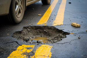 Commercial parking lot with asphalt damage being assessed for repair